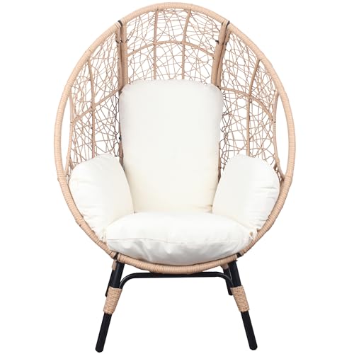 2 Pieces Patio PE Wicker Egg Chairs with Natural Color Rattan Beige Cushion