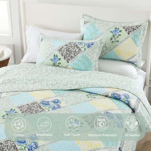 Finlonte Quilts Queen Size Sets, Floral Real Patchwork Blue Grey Farmhouse Plaid 100% Cotton Queen Quilt, Reversible Lightweight Soft Queen Bedspread Quilt Bedding Set, 3-Pieces