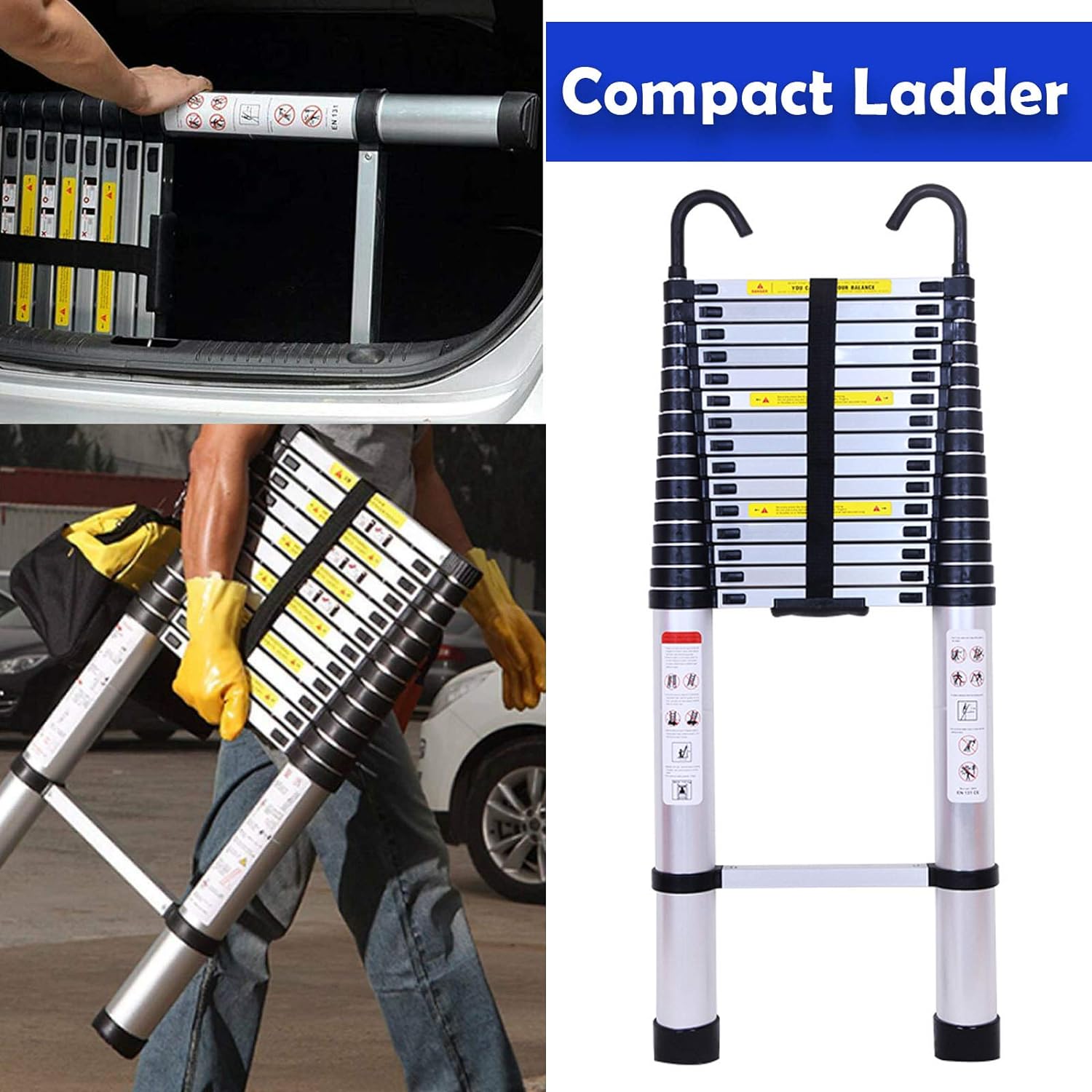 20ft Aluminum Telescoping Ladder Adjustable Height EN131 Certificated, 330lbs Max Load Heavy Duty Portable Extension Folding Ladder Anti-Slip Rubber Feet Easy to Extend or Retract