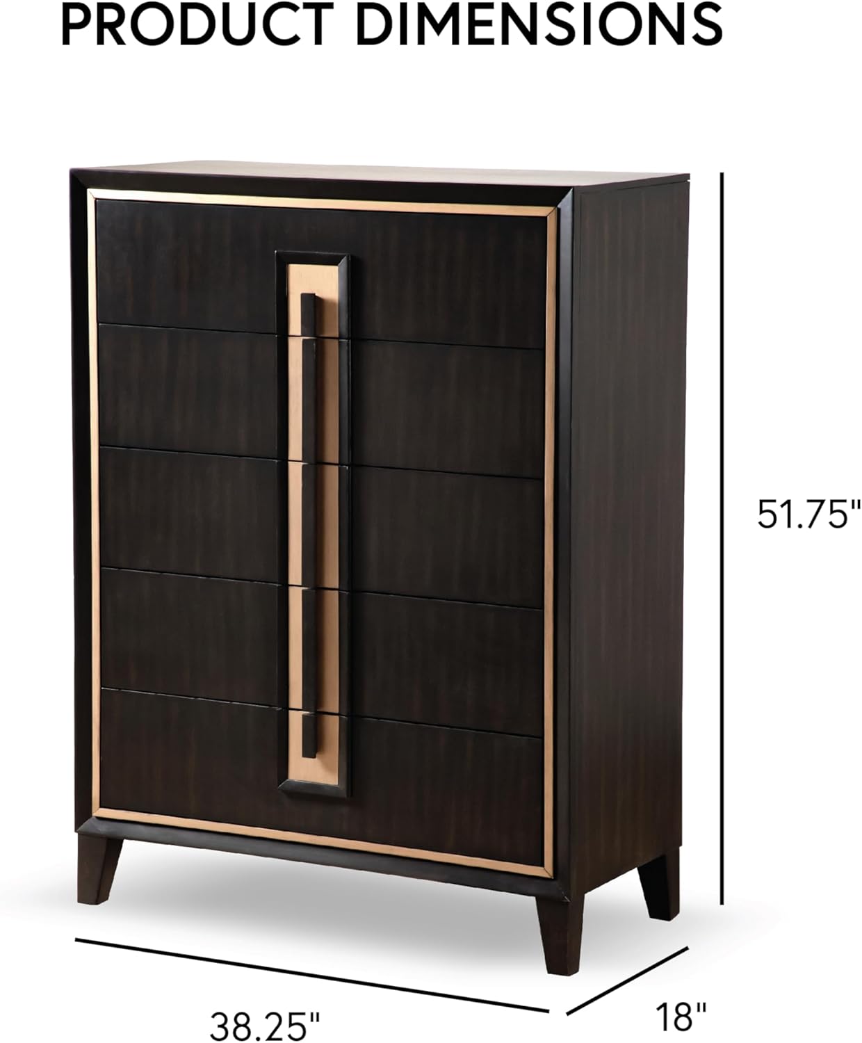 Furniture of America Delbert Modern Solid Wood Chest with Clothing Storage and Gold Accent Trim, 5-Drawer Cabinet, Tall Dresser for Bedroom, Guest Room, Space Saving, Espresso