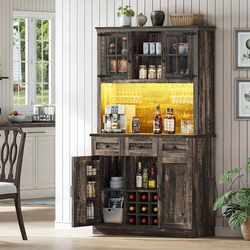 DWVO Coffee Bar Cabinet with Power Outlet/Lights, 72" Farmhouse Pantry Cabinet with Storage Shelves and 3 Drawers, Tall Liquor Cabinet Bar Cabinets for Home/Living Room, Dark Rustic Oak