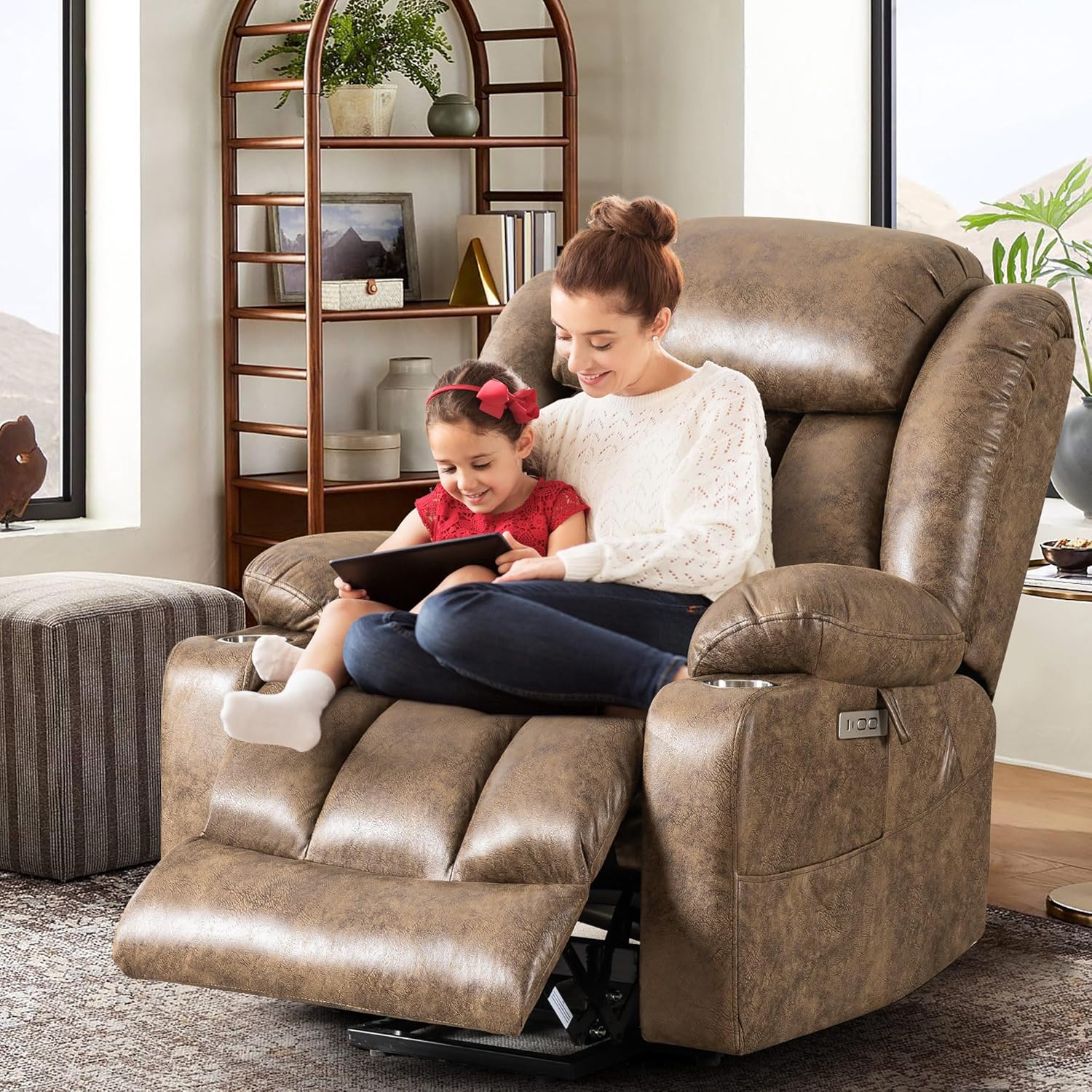Extra Large Power Lift Chairs Recliners for Elderly with Heated and Massage, Overstuffed Lift Chairs, Breathable Leather, USB-A and USB-C, Cup Holder, Side Pocket, 1PC, Light Brown