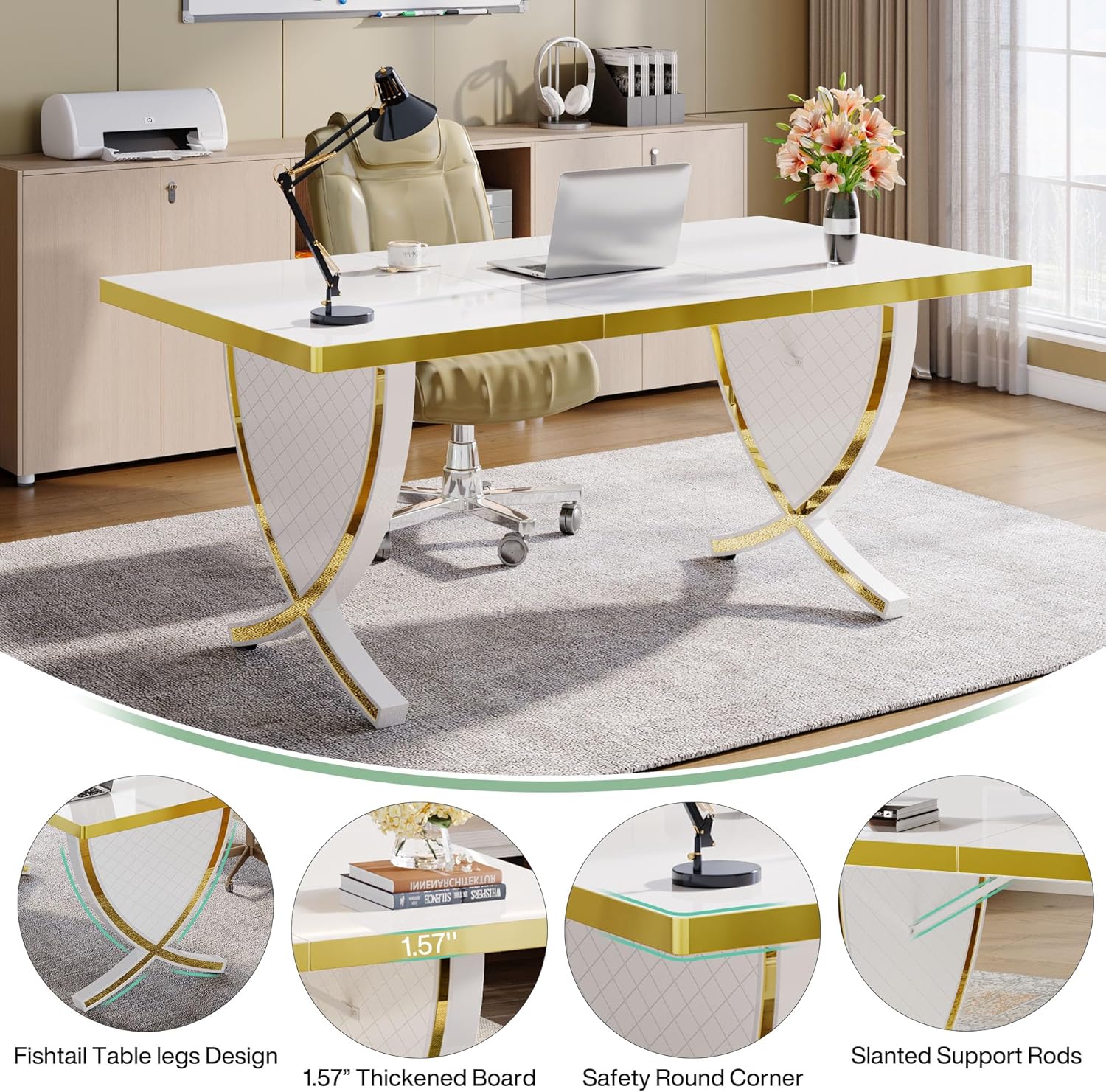 Tribesigns 63" Modern Executive Desk, Large Office Desk with Thickened Frame, Glossy Computer Desk Writing Desk Study Table for Home Office, White & Gold