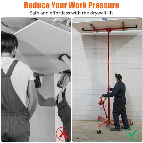 Drywall Lift 11FT, Drywall Jack Lift for Ceiling, Adjustable Panel Hoist, 150LBS Heavy Duty Drywall Lifter, 3 Lockable Wheels Foldable Sheetrock Lift for Home Improvement, Red