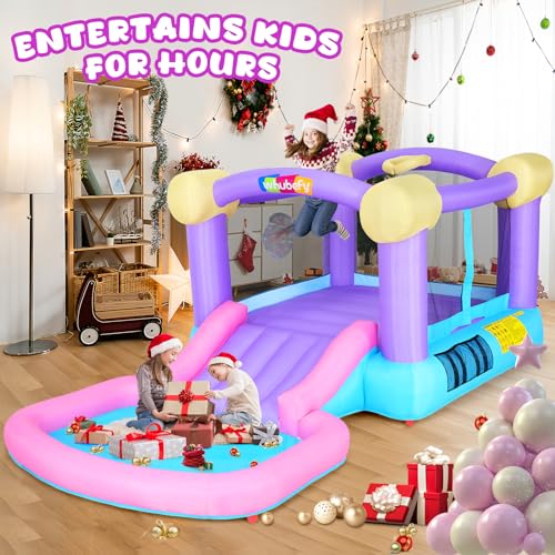 Pink Inflatable Bounce House for Kids 2-8 with Ball Pit & Slide, Indoor Jumpy Bouncy House w/440W Blower, 50 Ocean Balls, 6 Sticky Darts, Basketball, Toddler Bounce House Water Slide for Kids Backyard