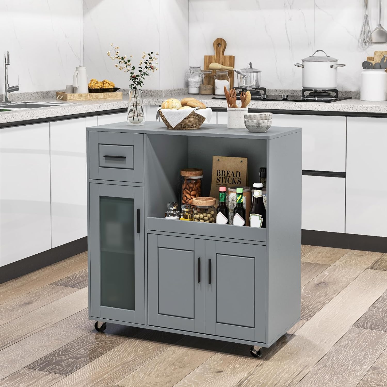 Giantex Kitchen Island with Storage, Mobile Kitchen Cart with Wheels, Tempered Glass Door, Drawer, 3-Level Adjustable Shelf, Microwave Storage Cabinet, Coffee Cart Station for Dining Room, Grey