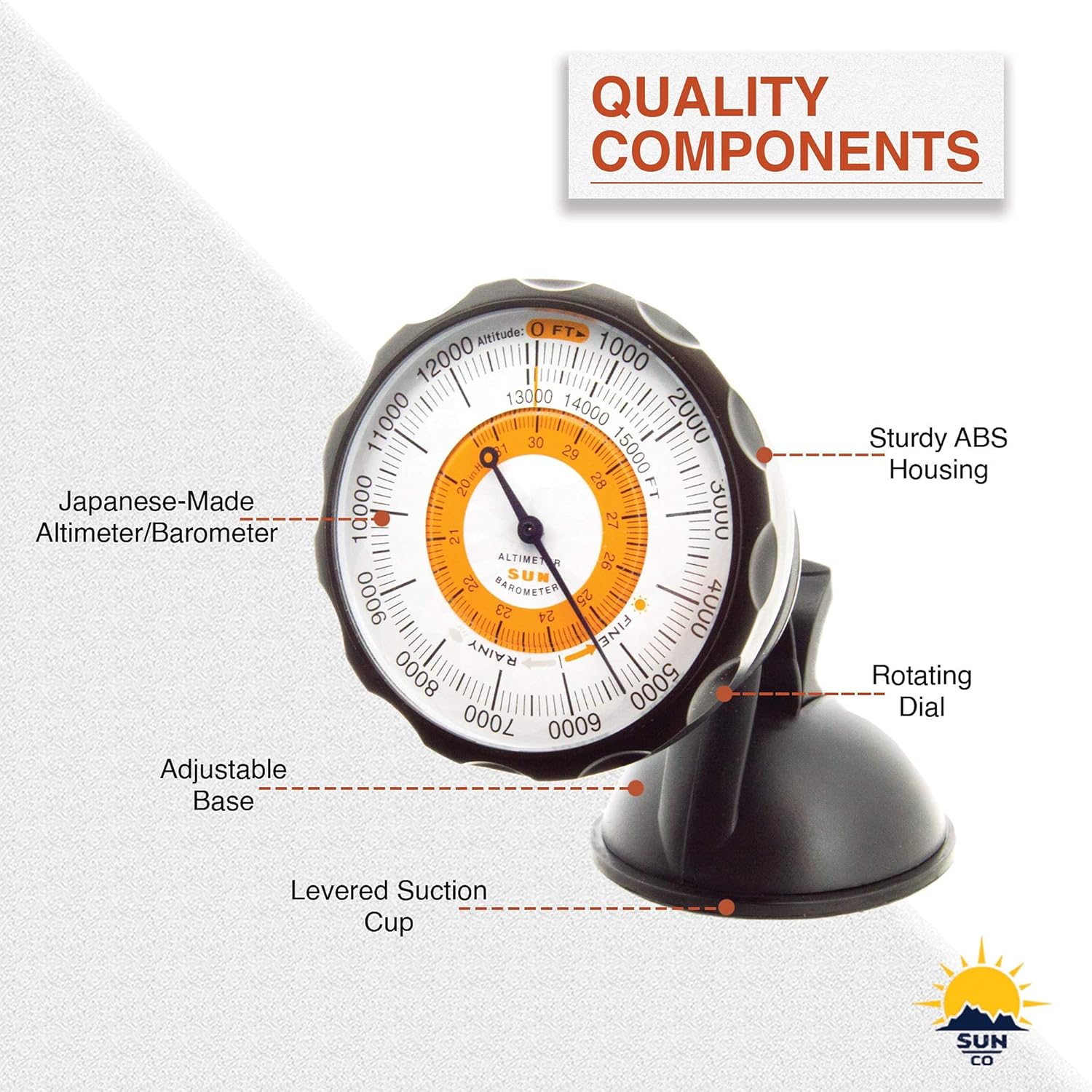 Sun Company AltiPort - Detachable Windshield and Dashboard Altimeter and Barometer | Altimeter for Cars and Trucks | Reads Altitude from 0 to 15,000 Feet