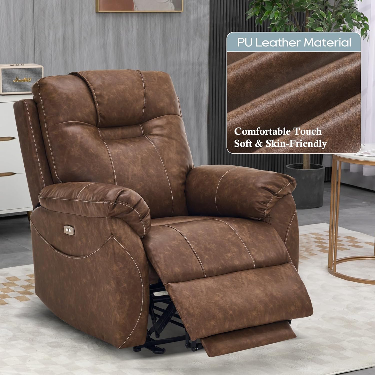 Electric Recliner with Heat & Massage, Leather Recliner Chair with Extended Footrest, Wall Hugger Recliners, Power Recliner Chair with 2 Side Pockets & USB Ports for Living Room & Bedroom