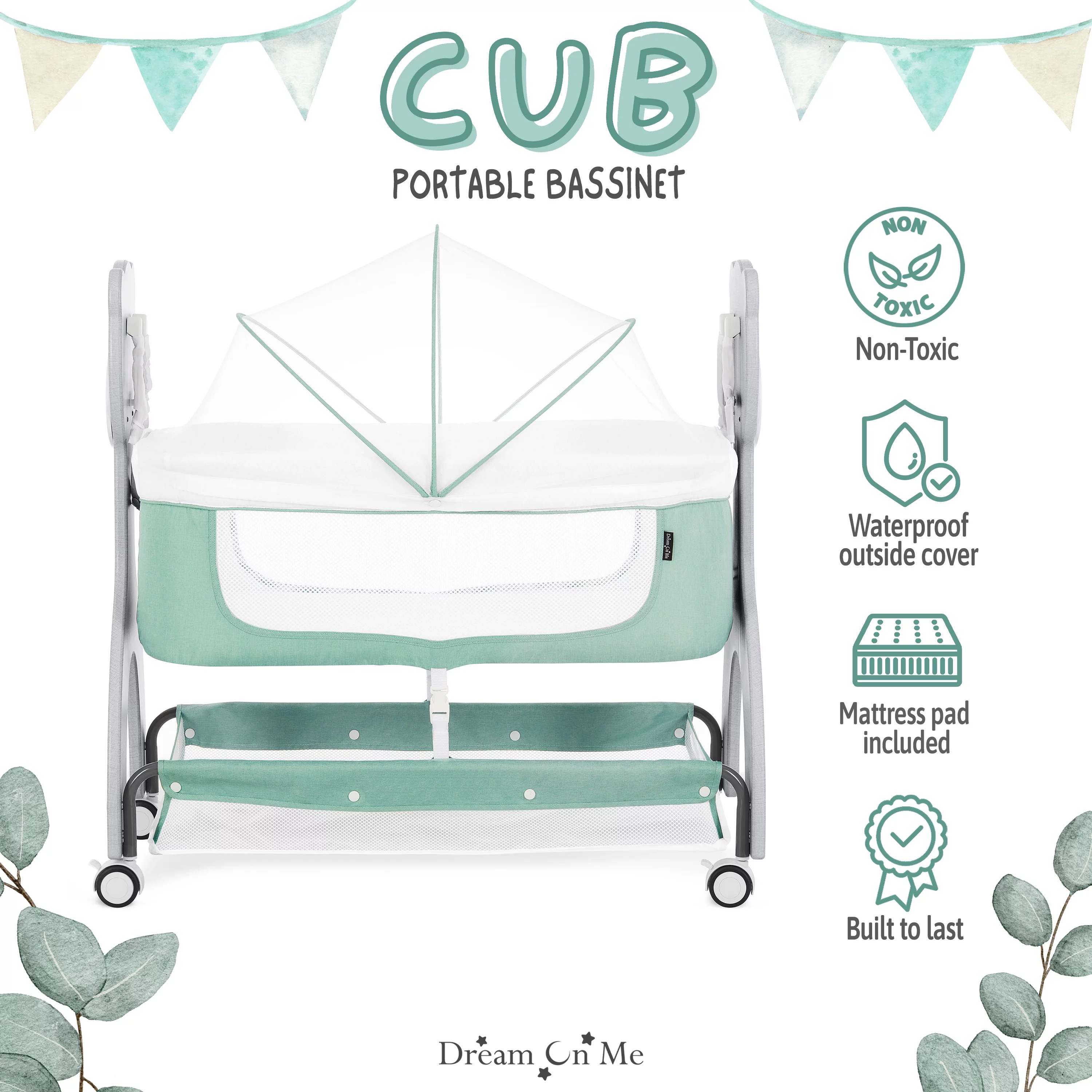Dream on Me Cub Portable Bassinet in Mint, Multi-Use Baby Bassinet with Locking Wheels