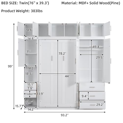 Merax Full Size Murphy Bed Cabinet with Lockers and Storage Wardrobes Shelves, Wood Foldable Hidden Wall Platform Bedframe Chest for Home, Bedroom, Office, Small Room, Apartment