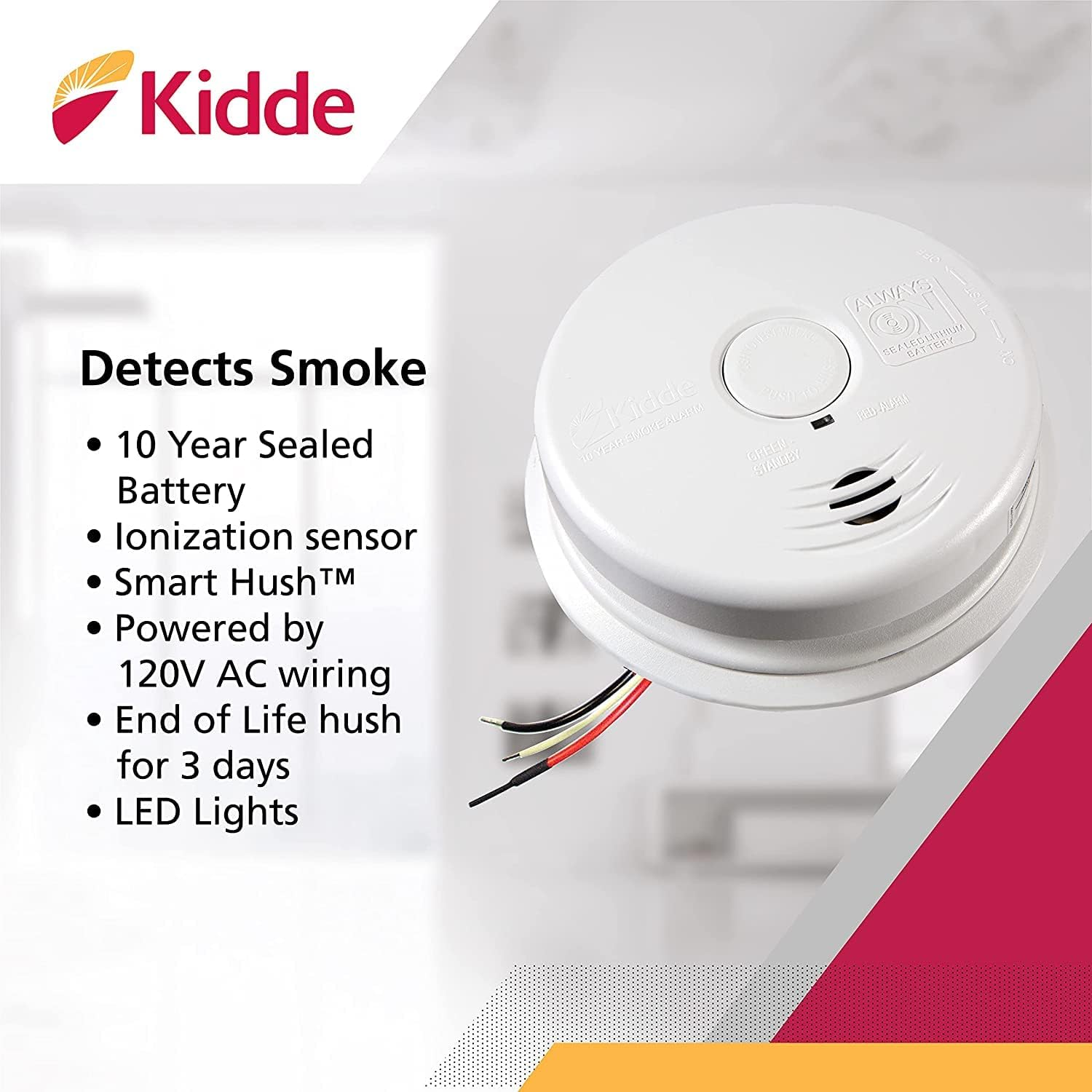Kidde Smoke Detector, Hardwired Smoke Alarm with Lithium Battery Backup, Interconnect, Test-Silence Button, Pack of 6