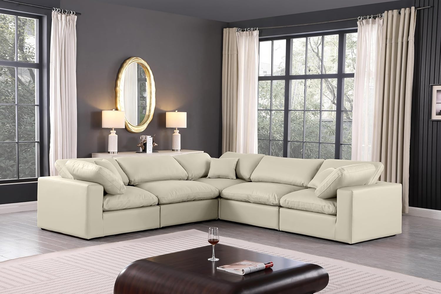 Meridian Furniture Comfy Collection Modern | Contemporary Upholstered Modular Sectional, Soft Vegan Leather, Fiber-Filled, 120" W x 120" D x 35" H, Cream
