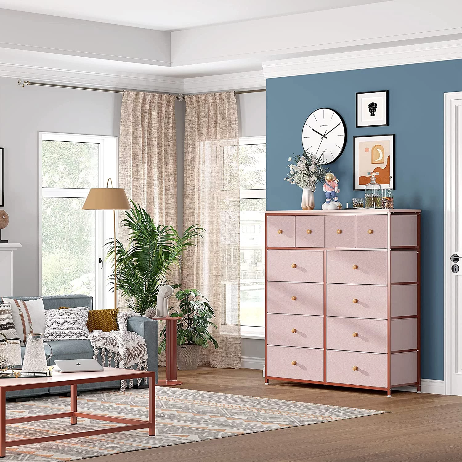 Pink Dresser for Girls Bedroom with 12 Drawers Girls Dressers for Bedroom Pink Chest of Drawers with Wood Top, Metal Frame, Tall Dressers for Bedroom, Closet, Nursery, Living Room Pink