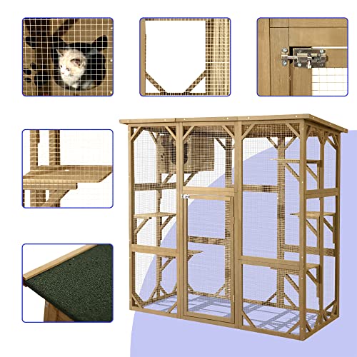 ROOMTEC 70 Inch Large Wooden Catio Outdoor & Indoor Cat Enclosure, Luxury Pet-House with Resting Box & 6 Jumping Platforms, Kitty Condo Shelter for Play, Weather Protection Asphalt Roof
