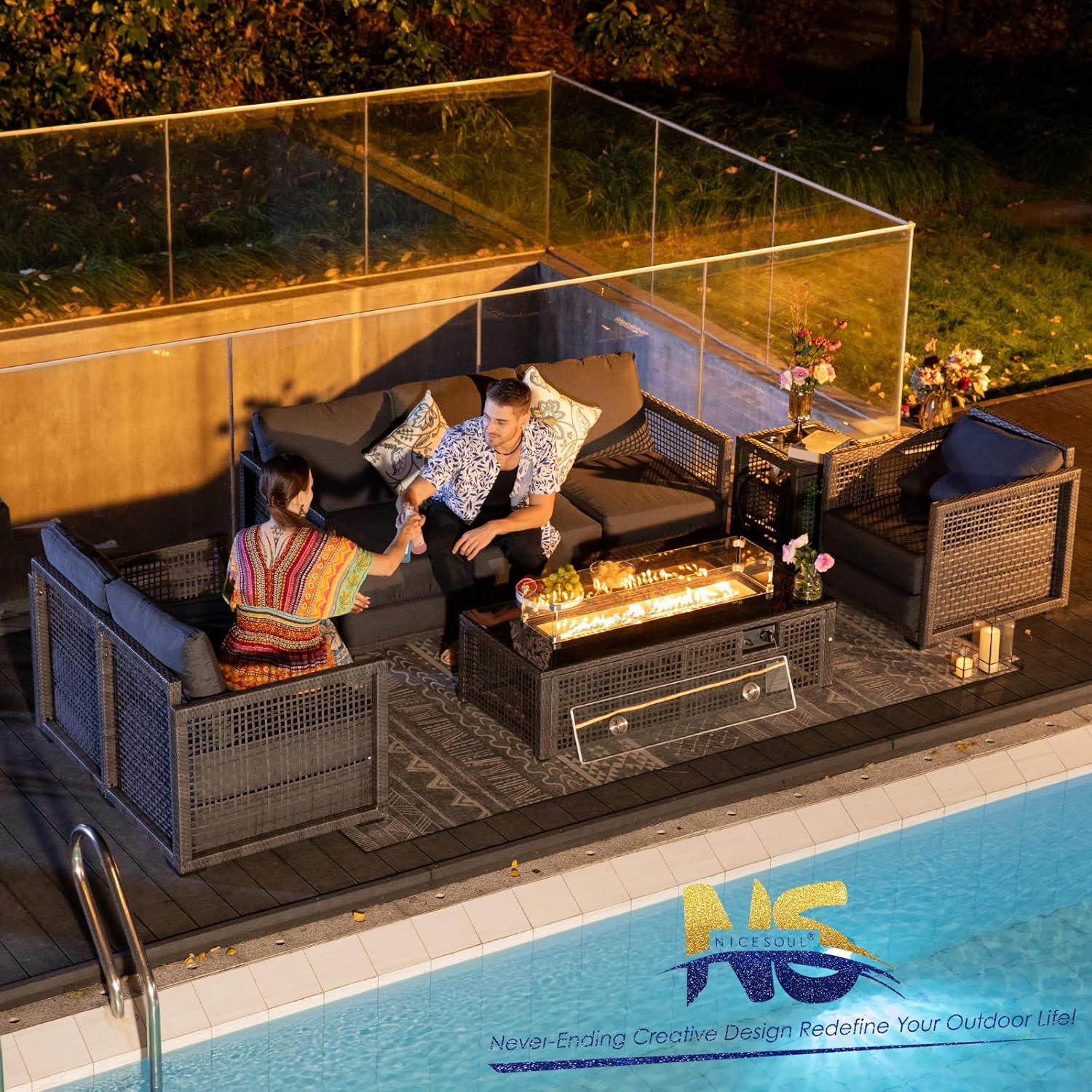 NICESOUL® 10 Piece Patio Furniture Set with Fire Pit Table Large Size Wicker Outdoor Sectional Luxury Rattan Conversation Sets Modular Sofa with Propane/Natural Gas Convert for Pool Lawn Grey