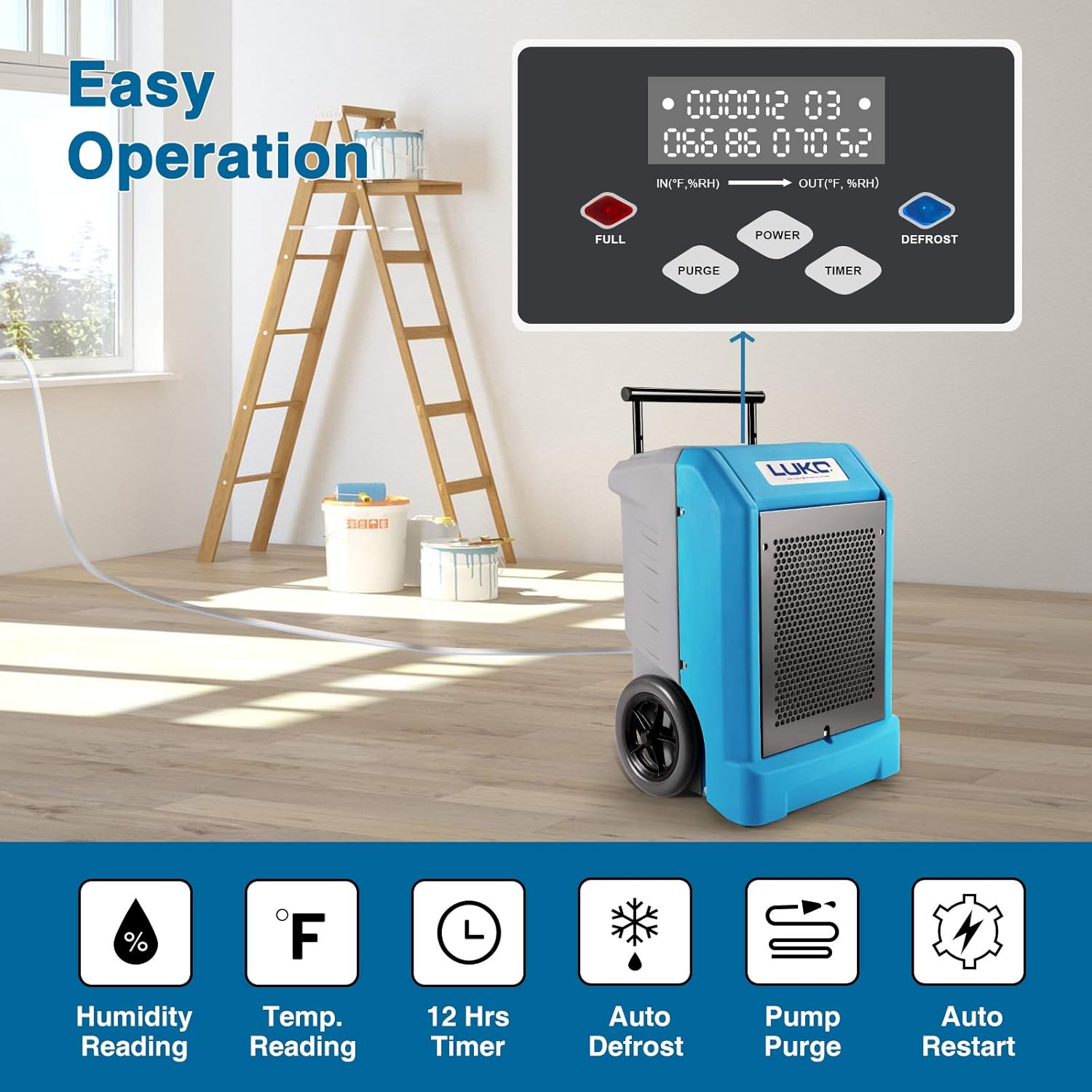 LUKO 230 Pints Commercial Dehumidifier with Pump & 25.5 FT Long Drain Hose, Portable Roto-Molded Industrial Dehumidifier for Efficient Water Damage Restoration, Construction Drying, Commercial Rental