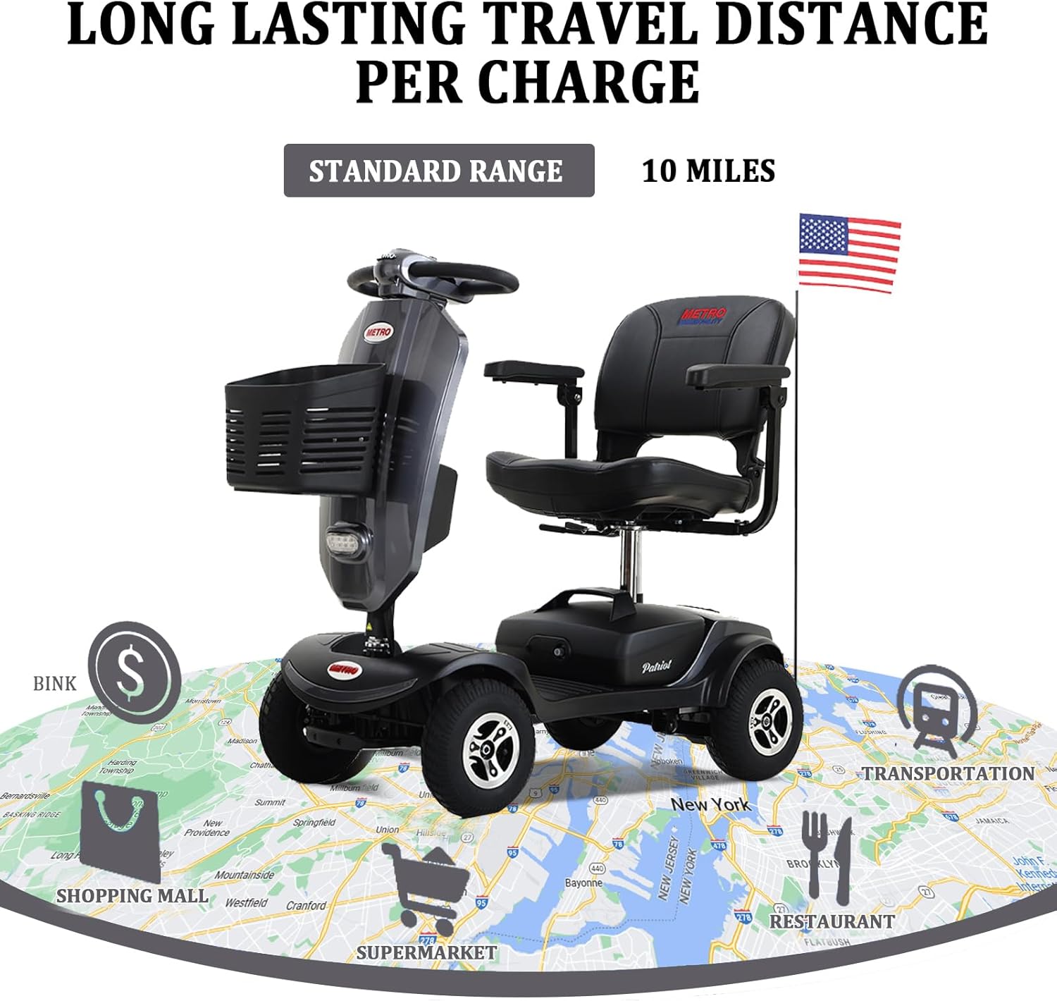 4 Wheel Mobility Scooter Foldable Mobility Scooter for Adults & Seniors 300 lbs Capacity Compact for Travel Long Range Power Extended Battery with Charger Basket and Front LED Light -Grey