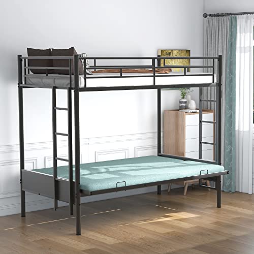 Harper & Bright Designs Twin over Futon Bunk Bed,Metal Bunk Bed with Futon can easy conversion to Twin Over Full Bunk Beds, Futon Bunk Bed with Guardrails and 2 Ladders for Kids Teens, Black