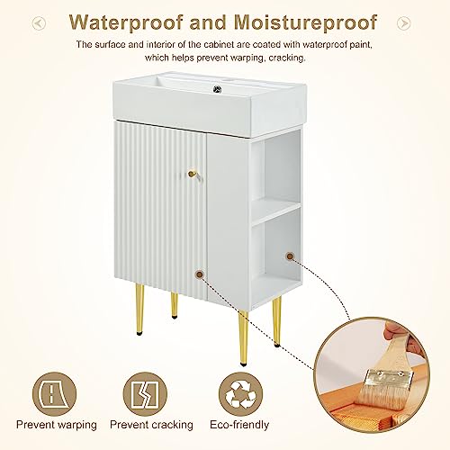 22" Small Bathroom Vanity with Sink, Bathroom Vanity Cabinet with Ceramic Vessel Sink Left Side Storage, Single Sink Vanity with Top, Freestanding Bathroom Sink and Cabinet Combo Set, White