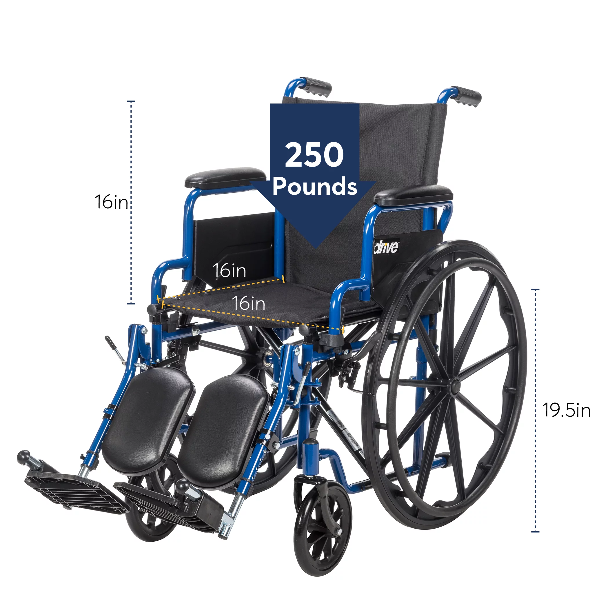 Drive Medical Blue Streak Wheelchair with Flip Back Desk Arms, Elevating Leg Rests, 16" Seat
