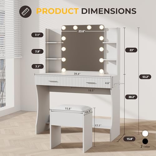 Vanity Desk with LED Lighted Mirror, Makeup Vanity with 3 Adjustable Lights, 2 Large Drawers and 4 Open Shelves, White Vanity with Storage Stool for Bedroom