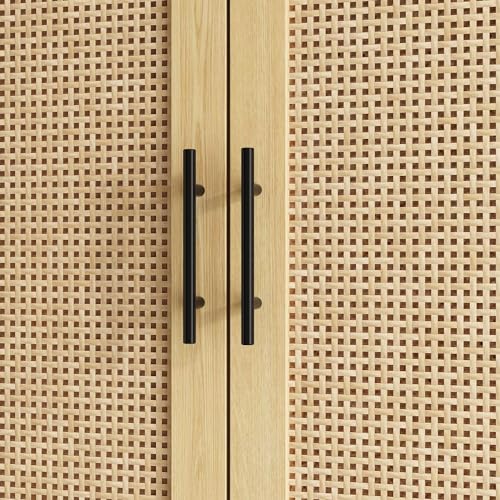 FAMAPY 2 Rattan Door Wardrobe Closet with 2 Drawers and Shelves, Farmhouse Armoire Wardrobe Closet with Hanging Rod, Black Metal Handles, Closet for Bedroom Oak (31.5”W x 19.7”D x 70.9”H)