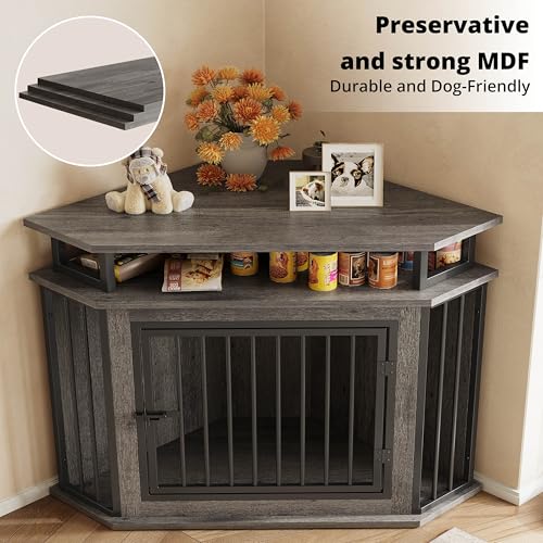 IRONCK 51" Corner Wooden Dog Crate Furniture with 2-Tier Shelves, Pet Kennel for Large Dogs, Space-Saving Dog Cage Indoor, Rustic Brown (26.7" L x 51.2" W x 33.5" H)