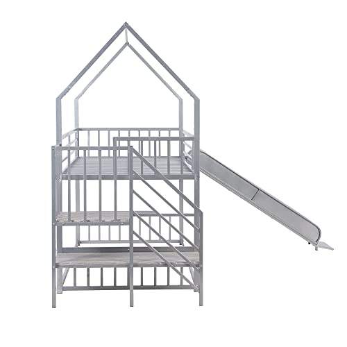 Twin Over Twin Bunk Bed with Slide, Metal Bunk Bed with Storage Staircase and House Roof, Twin Size Low Bunk Bed Frame for Kids Teens Boys Girls, Space Saving, No Box Spring Needed, Sliver