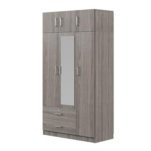 6-Door Armoire Wardrobe Closet with Mirror, 2 Drawers Wooden Armoire Closet Cabinet for High Storage Capacity, Bedroom Armoires with 1 Hanging Rod 41.3" L x 19.5" W x 81.1" H