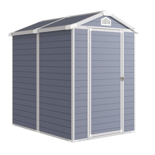 Aoxun 6 x 8 FT Outdoor Storage Shed with Window, Resin Shed with Floor & Lockable Doors, Garden Shed Waterproof Plastic Tool Shed with Sloped Roof for Backyard, Garden, Patio, Lawn, Grey