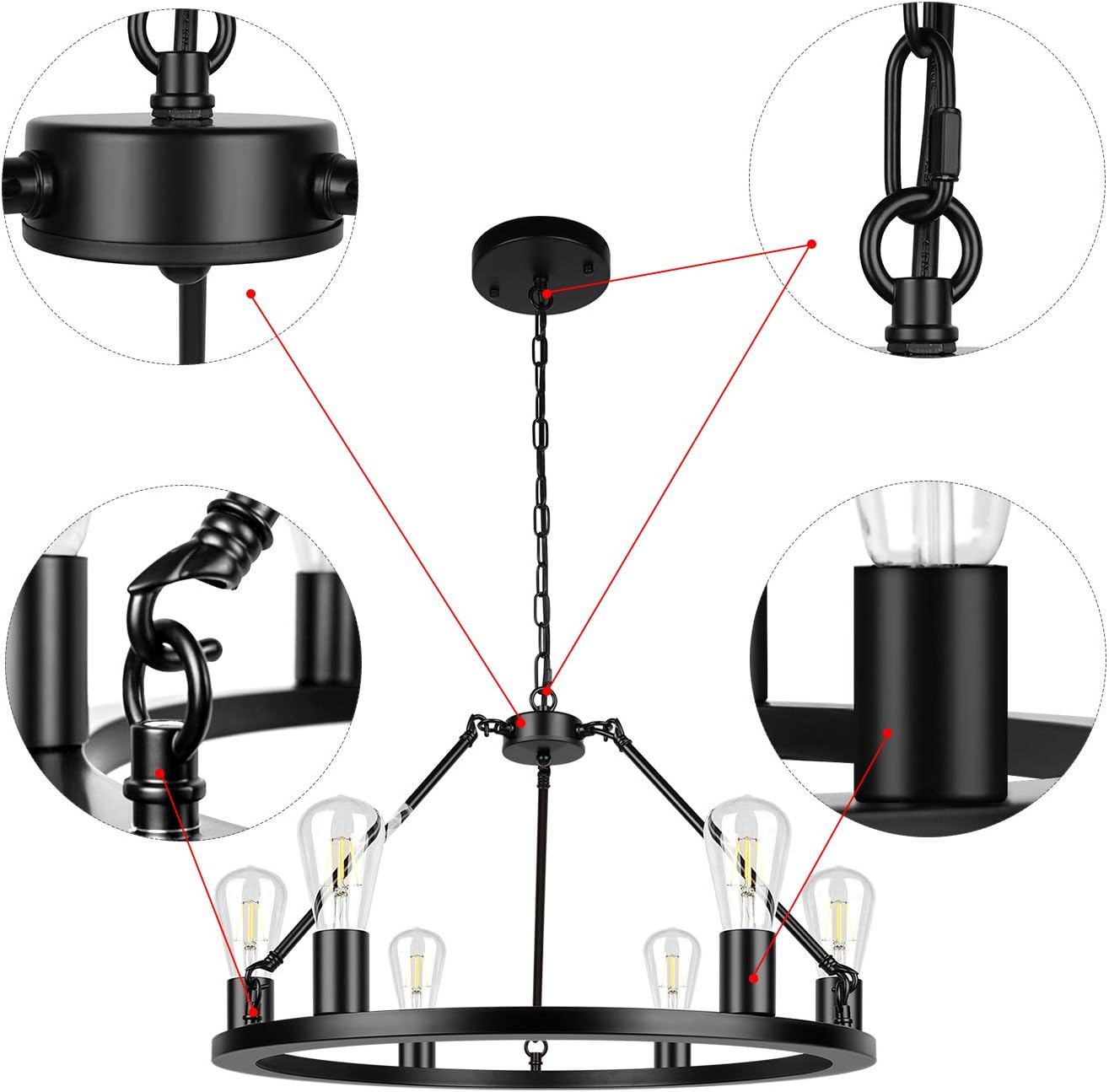 6-Light Black Industrial Farmhouse Chandelier, Wagon Wheel Modern Round Kitchen Island Lighting for Dinning Room Bedroom Foyer