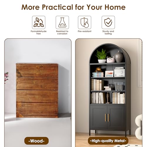 73 in Tall Metal Arched Bookcase, 5-Tier Arched Bookcase with Doors, Modern Farmhouse Bookshelf with 2 Adjustable Shelves, Kitchen Pantry Cabinet for Living Room, Black, Assembly Required