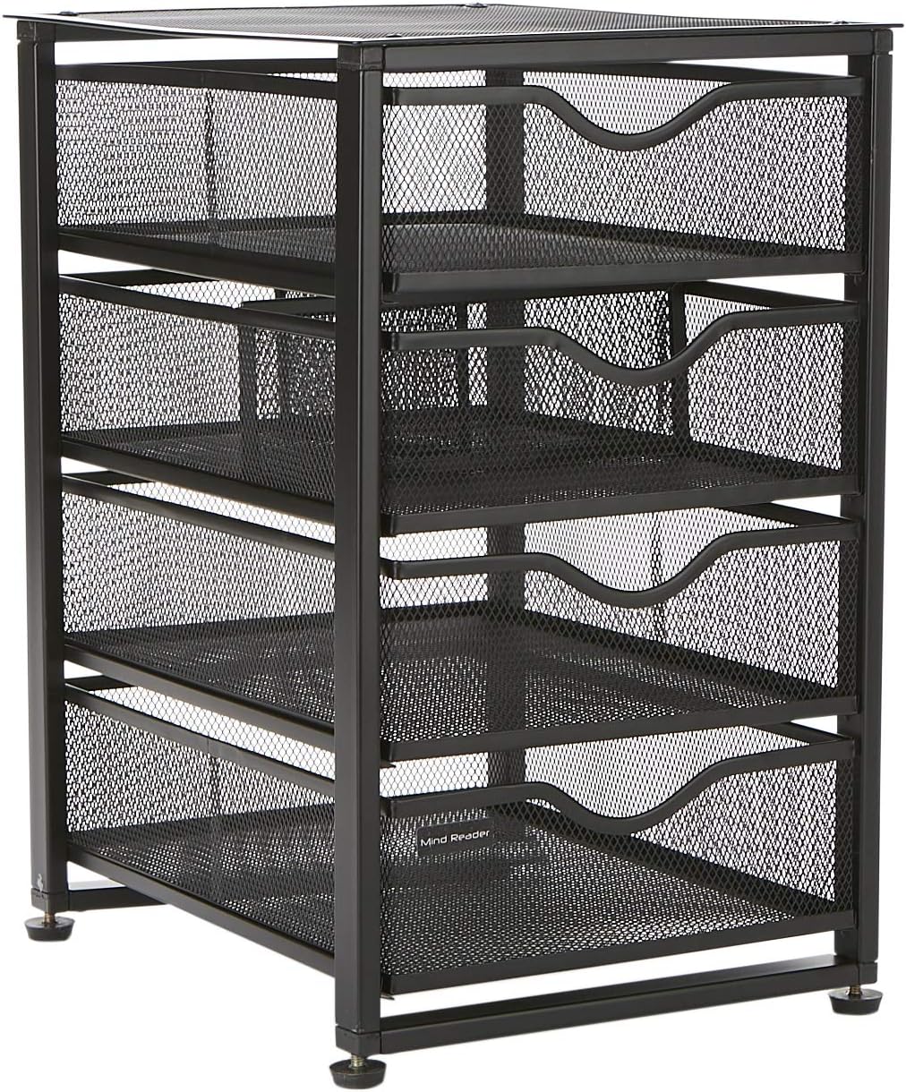 Mind Reader 4-Tiered Drawers Cabinet, Rolling Mesh Office Cart, Metal Storage, Drawers, File Storage Cart, Utility Cart, Office Storage, Heavy Duty Multi-Purpose Cart, Black