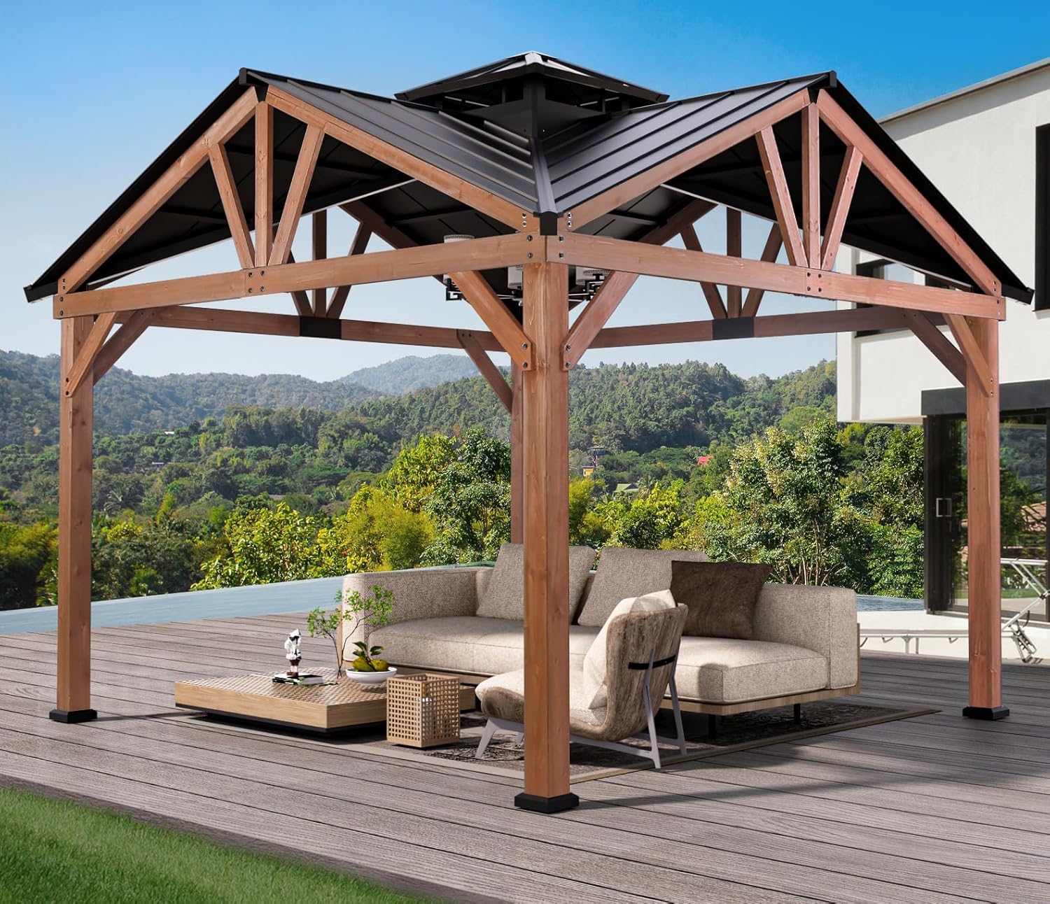 Modern Shade Wood Gazebo 12’x12’, Heavy Duty Hardtop Gazebo with Steel Roof, Water Resistant, Wind Resistant, Perfect for Your Permanent Outdoor Pavilion, Solid Wood Framed Gazebo, Cedar Gazebo