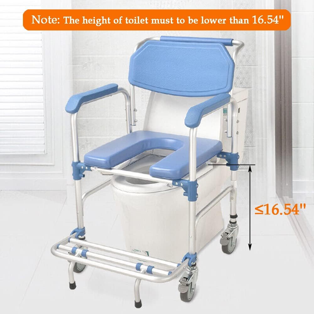 uyoyous Shower Commode Chair with Wheels Multi-Functional Rolling Shower Wheelchair with Soft Padded Waterproof Mobile Over Toilet Chair with 250 lbs Weight Capacity for Disable Injured