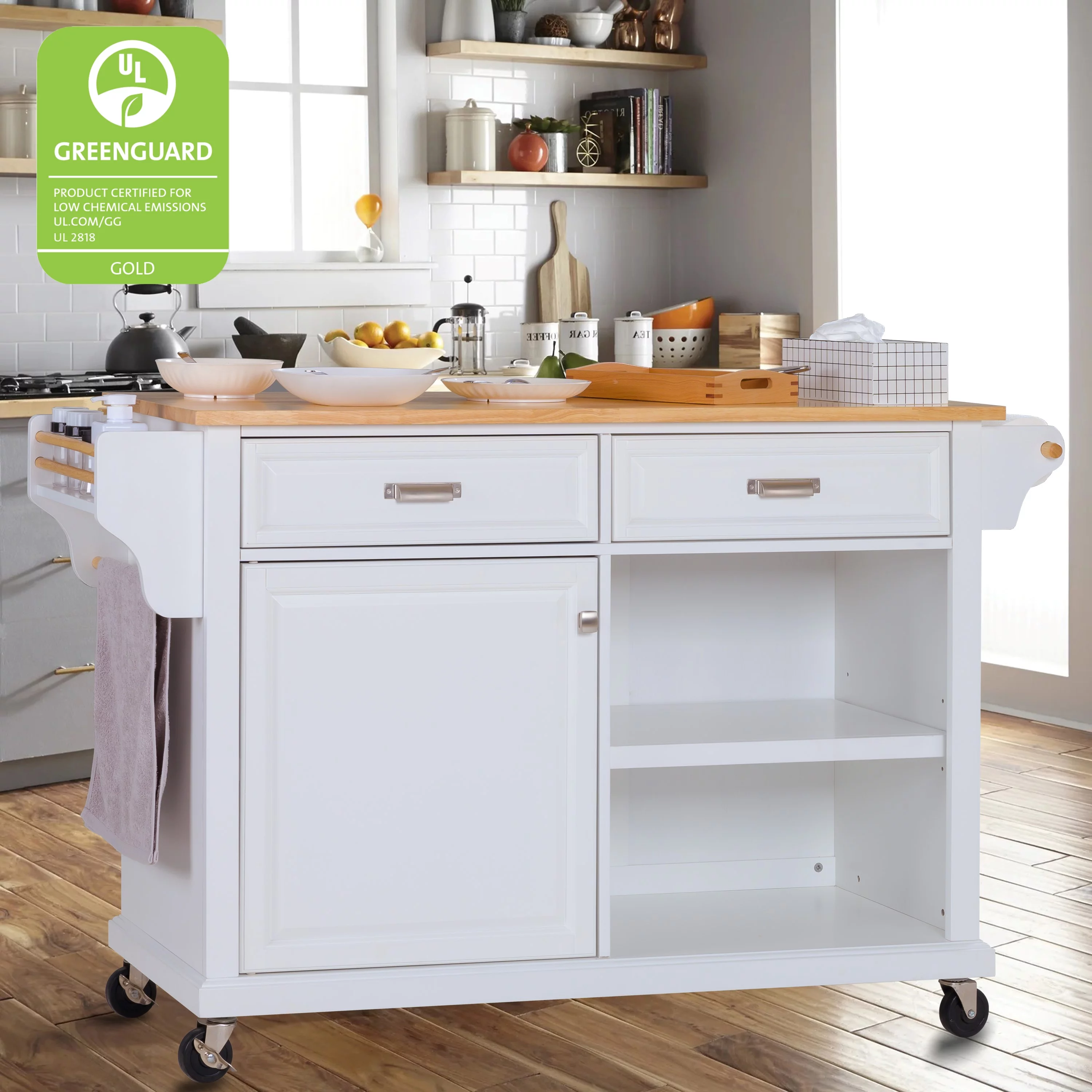 Multi-Functional Storage Island Cart with Rubberwood Countertop and Drop-Leaf, Greenguard Gold Certified, Kitchen Island on Wheels with Large Storage Cabinet,2 Drawers,Spice Rack,Towel Holder, White