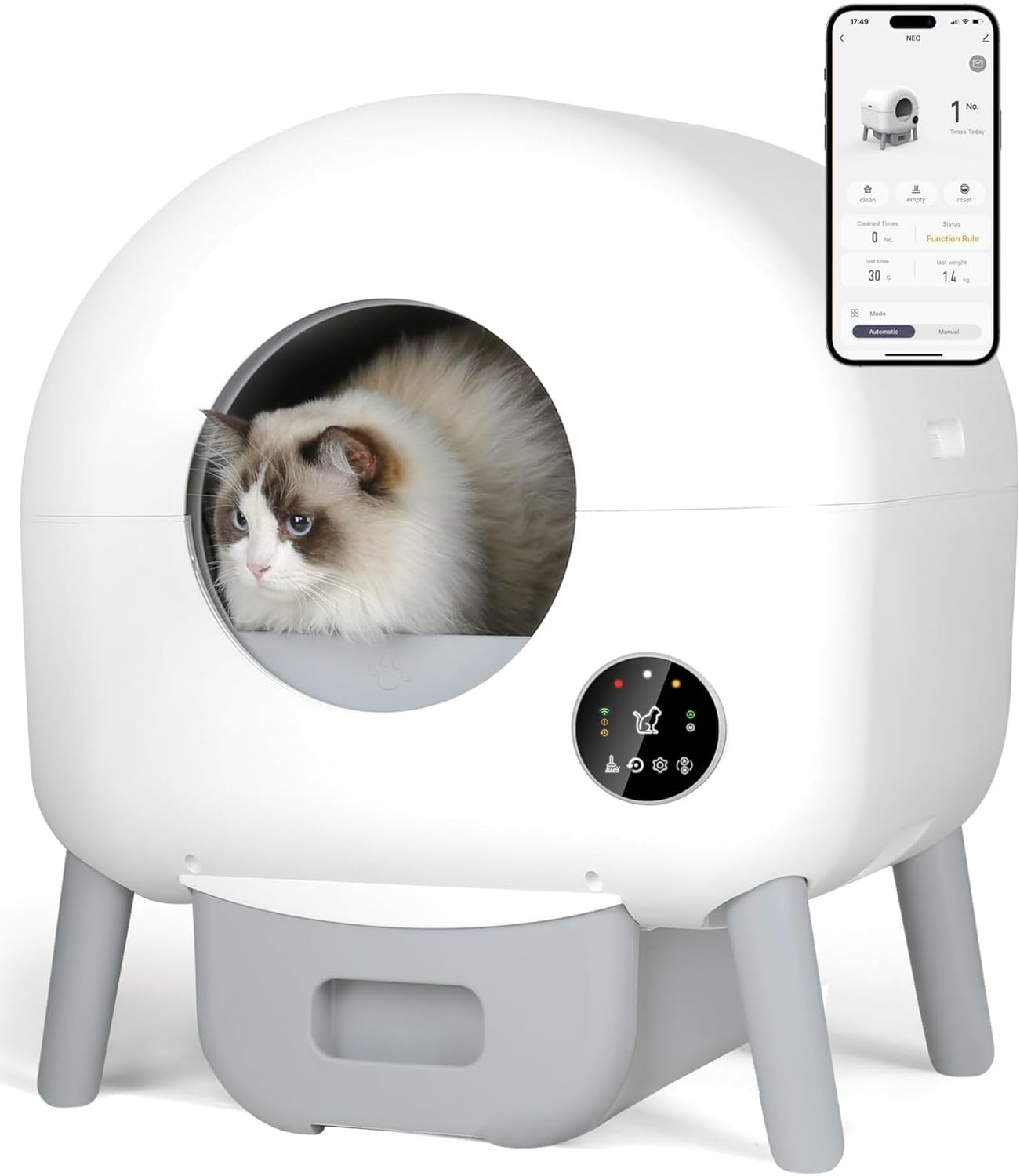 Self Cleaning Litter Box -100L Automatic Cat Litter Box Self Cleaning, All Cats Can Use, with 1 Roll Garbage Bags and Mat, App Control, White.
