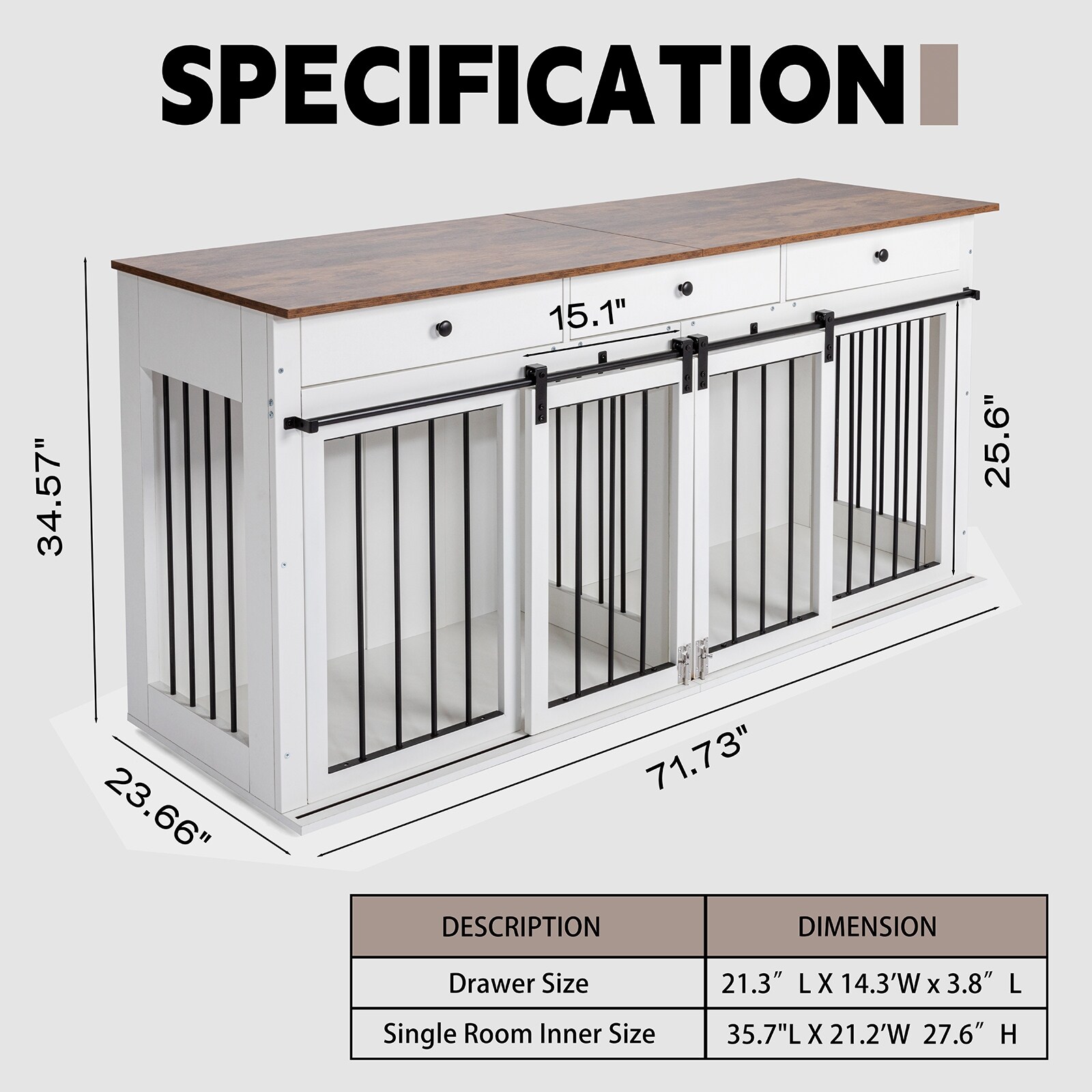 72" Dog Crate Wooden Dog Kennel Furniture with 3 Drawers XXL Heavy Duty Dog Crate