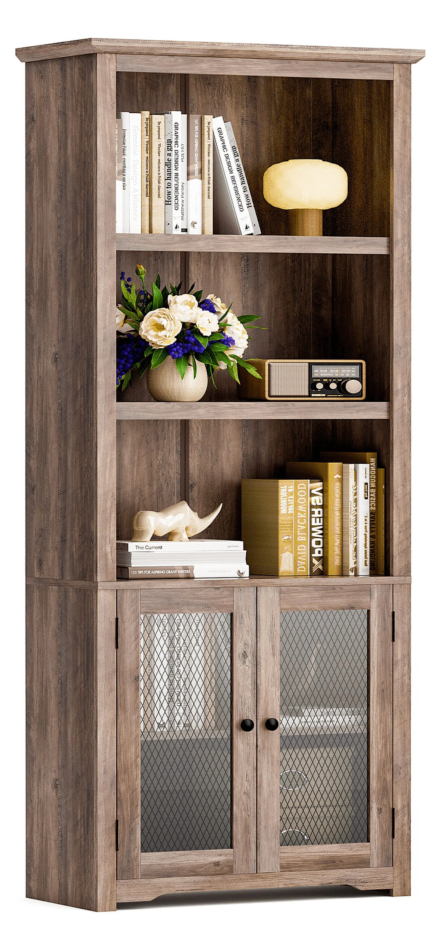 LGHM Farmhouse Bookshelf with Adjustable Shelves , 70" Tall Sturdy 5-Shelf Bookcase with Doors for Home Office, Living Room