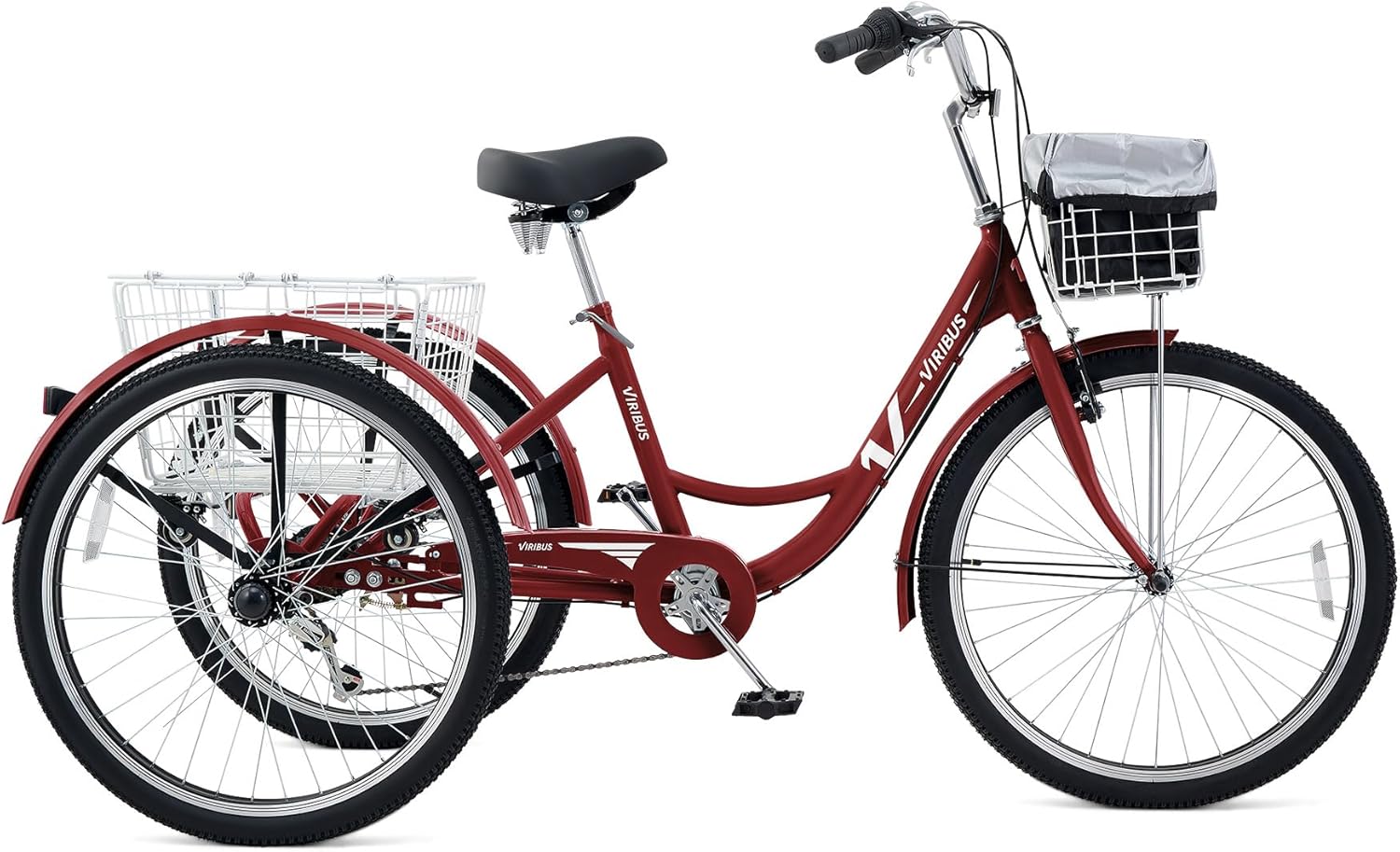 Viribus Adult Tricycle, 7 Speed Tricycle for Adults with Front & Rear Removable Wheeled Baskets, 3 Wheel Bikes for Adults 24 or 26 in, Adult Tricycles for Women Men, Adults Trike 400 lb. Berry Red