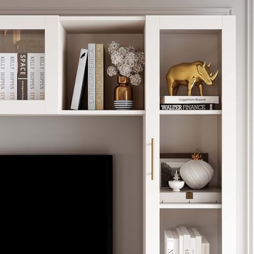 Entertainment Wall Unit, 4-Piece Large TV Stand Wall Unit Entertainment Center with Bookshelves & Storage, Wall Media Center with Shelves for TVs Up to 70", Media Console for Living Room, White