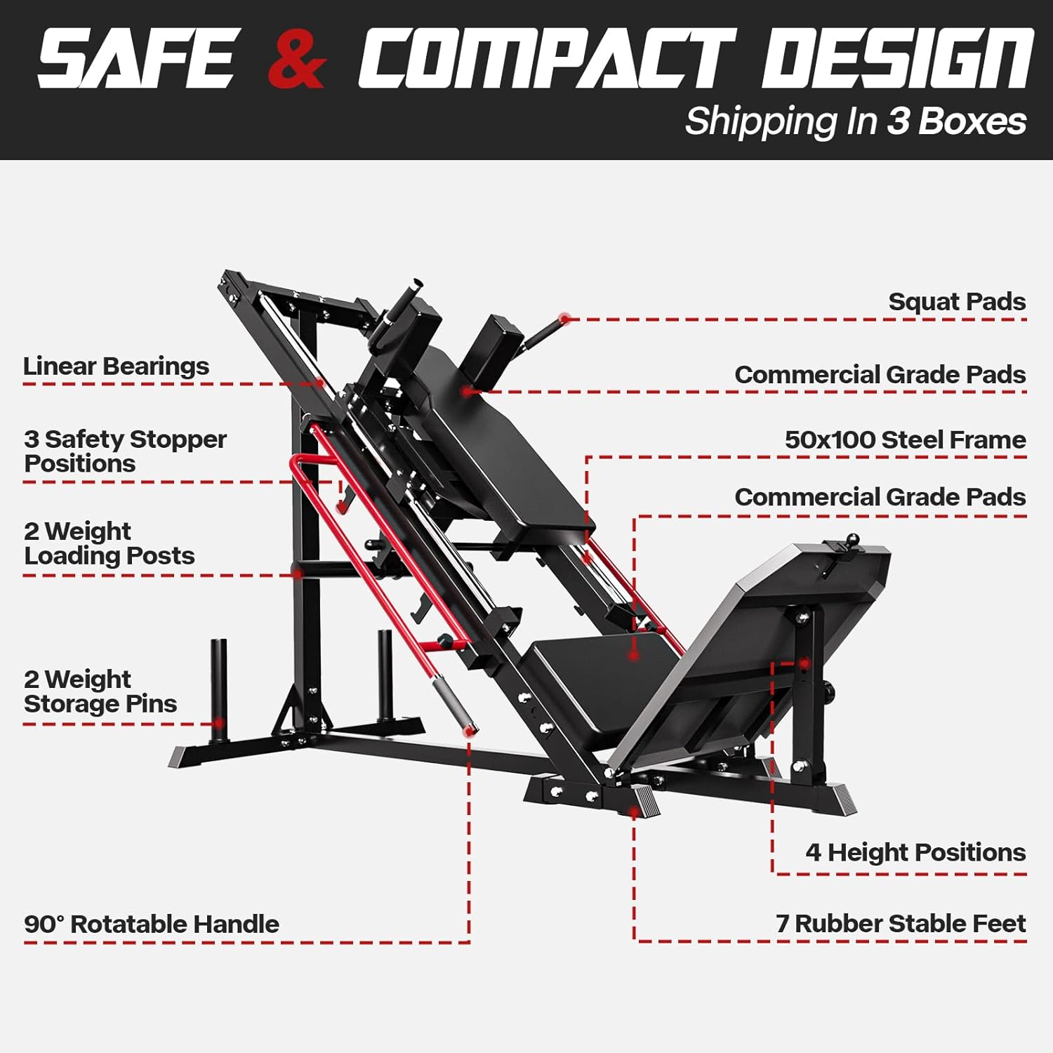 Leg Press Machine Hack Squat Equipment, Lower Body Exercise Machine Combo with Linear Bearing, Leg Press Machines for Home Gym Leg Day with Weight Storage for Quad, Hamstring, Glute, Red