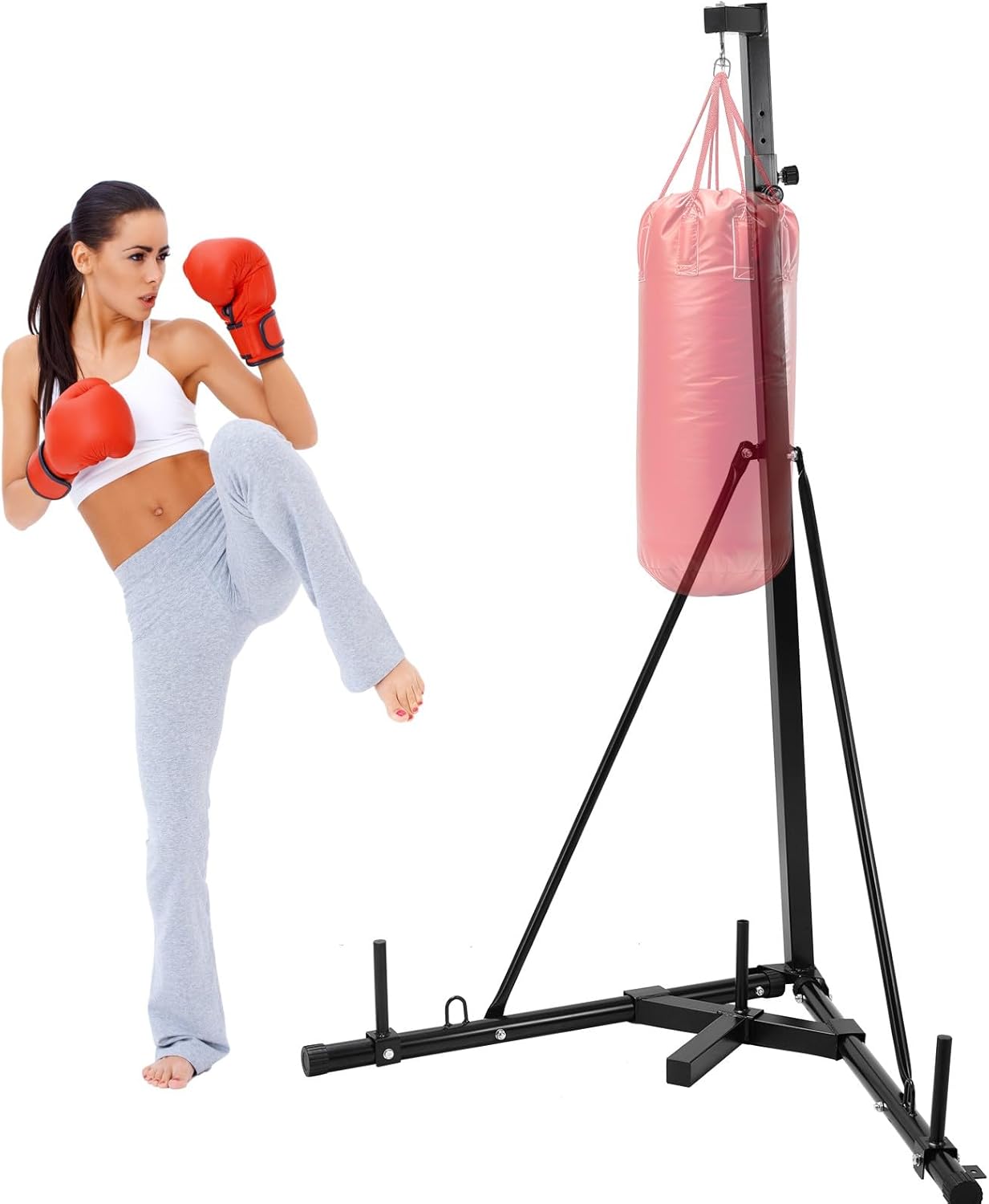 Height Adjustable Punching Bag Stand, Heavy Duty Boxing Bag Stand, Heavy Bag Stand Steel Sandbag Rack Independent to 150 lbs for Home Gym Fitness (Only Stand)