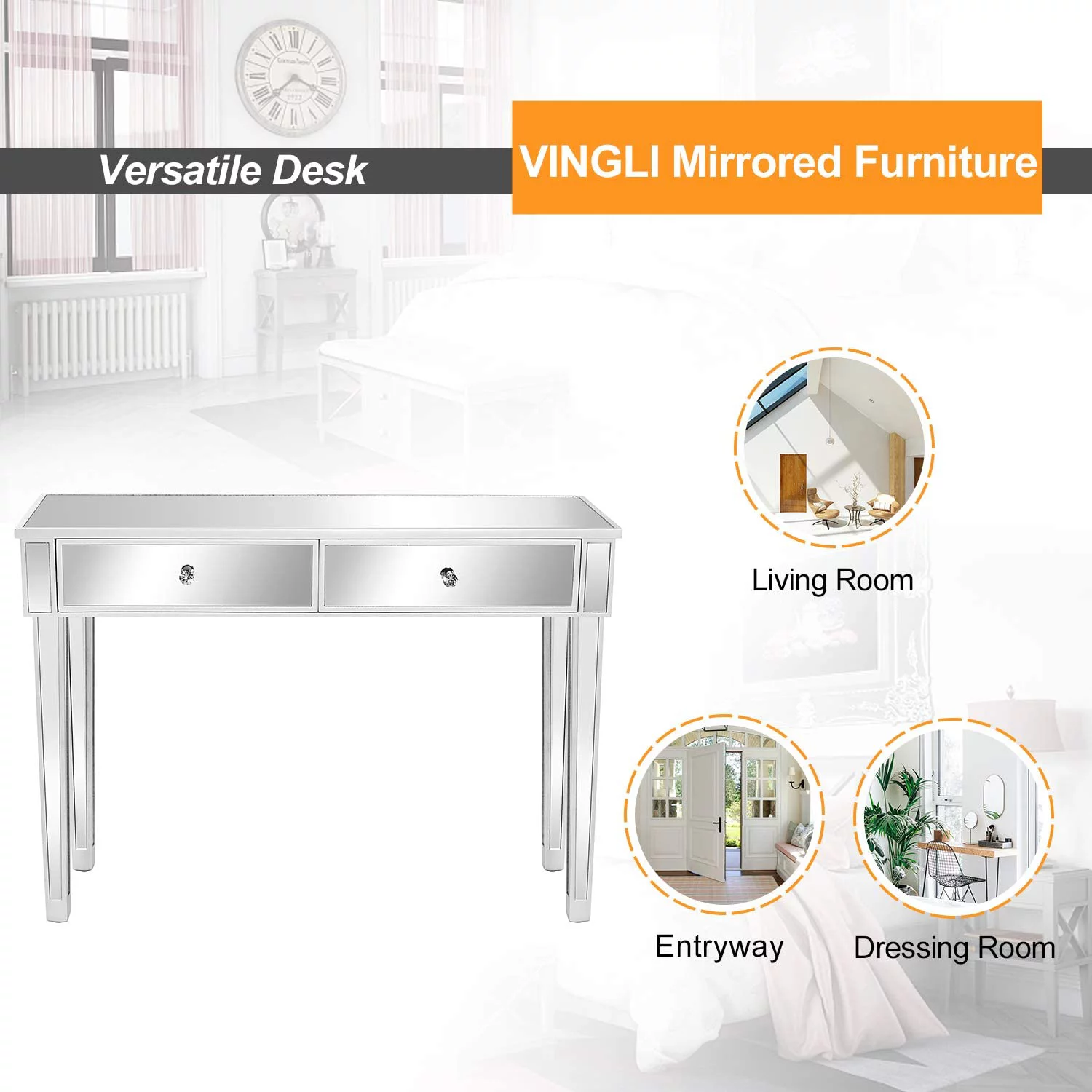 VINGLI Mirrored Console Table with 2 Drawers Mirrored Desk for Entryway Silver Vanity Table for Bedroom Modern Sofa Table