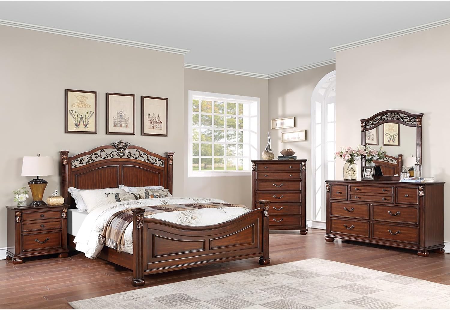 Wooden California King Bed with Crafted Headboard in Dark Cherry