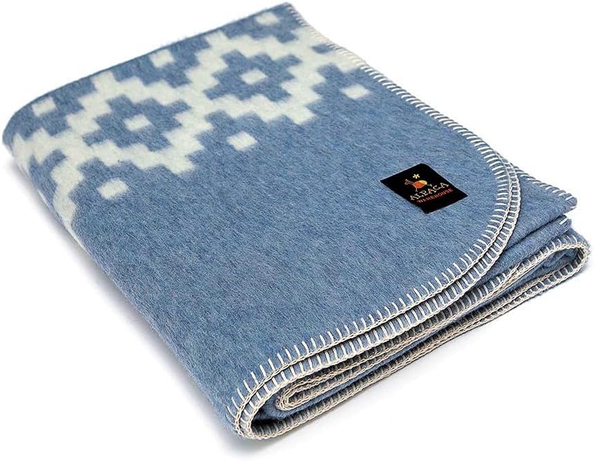 Thick Alpaca Wool Blanket Heavyweight Alpaca Wool Blanket Camping Outdoors Indoors Soft Peruvian Alpaca Wool Blankets That Come in Twin Queen King Size Ethnic Design (Navy Blue - Soft Gray, Queen)