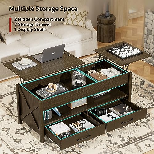 Lift Top Coffee Table for Living Room with Hidden Storage Compartment 2 Lift Tabletops Drawers and Shelf Modern Farmhouse Center Table, 47.2" Wood Rising Coffee Table, 475LBS Max Weight, Black