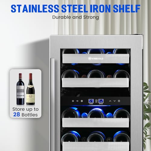 15" Wine Cooler Refrigerator Dual Zone-28 Bottle Capacity, Seamless Reversible Doors, Shelves Stainless Steel Edged, Built-in or Freestanding Wine Cooler for Home and Kitchen
