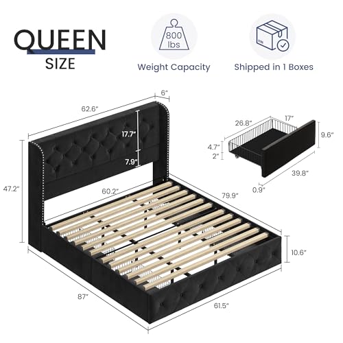 Bed Frame King Size with Storage Drawers and Tufted Headboard, Velvet Upholstered Platform Bed Wingback Bed Frame with Wood Slats, No Box Spring Needed, Black