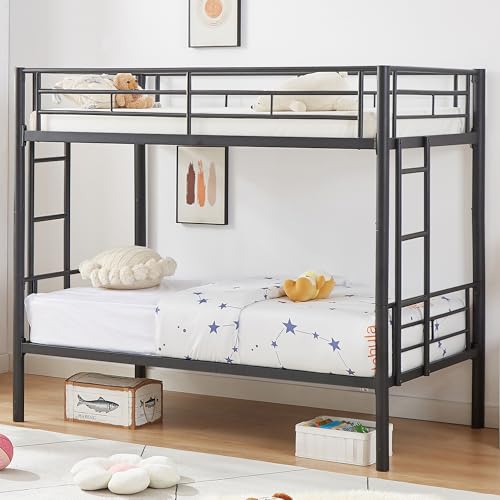 VECELO Metal Loft Bed Twin Size, Heavy Duty Bedframe with Removable Ladder and Safety Guardrail, Space-Saving, Noise Free, No Box Spring Needed, Off White